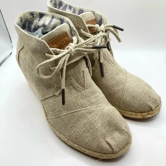 TOMS Bootie Burlap Wedge Canvas Lace up Tan Shoe Women’s Size 7.5 W MSRP $99 - Picture 9 of 11
